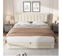 Lit double 180x200 velours beige avec rangement, tiroirs & sommier à lattes - Grand espace de stockage(sans Matelas)