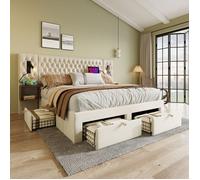 Lit Double Adulte - 180x200 cm - avec Tiroirs - Lit Coffre Capitonné Velours Beige- 2 Tables de Chevet - LED et USB