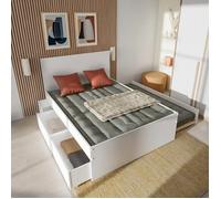 Lit avec rangements 140x190 cm RAVA + couchage 90x190 cm sur roulette Blanc