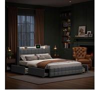 Lit Double - AMBIANCE - 160x200cm - Cadre de lit rembourré avec 4 tiroirs - Sommier à lattes - éclairage LED - 2 USB + 2 Prises