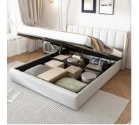 Lit double - AUTREMENT - 140x200 cm - PU Galet Blanc - Éclairage LED - Rangement intégré