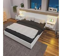 Lit double avec 2 commodes de chevet LED et prise USB C 160 x 200 cm, lit en bois avec 2 tables de chevet pour chambre à coucher - 205 x 264 x 90,5 cm (L x l x H) - En chêne/blanc (sans matelas)