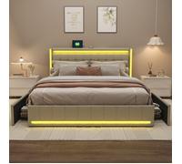Lit Double avec 4 Tiroirs 180*200, Lit Capitonné avec Rangement, Lit rembourré avec Sommier LED et USB, Lit 2 Personnes, Beige