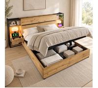 Lit double avec Coffre Hydraulique 160x200 cm 2 Chevets Intégrés Tête de Lit avec Rangements USB-A/USB-C Sommier à Lattes Chêne