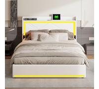 Lit double avec rangement 140 x 200 cm, lit rembourré avec éclairage LED et ports USB, tête de lit rembourrée, sommier à lattes en bois, revêtement PU, sans matelas (blanc, 140 x 200 cm)