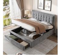 Lit double avec rangement en velours gris 140 x 190 cm avec tête de lit, deux tiroirs, sommier en bois, O.Ye