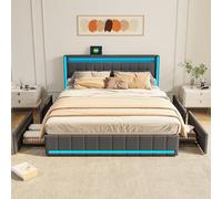 Lit double avec rangement et LED, lit tapissé 140 x 200 cm avec lumières LED et USB, lit avec USB et lumière LED, lit 140 x 200 cm, avec 4 tiroirs de rangement, sans matelas (D gris foncé, 140 x 200