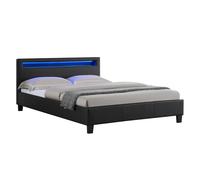 Lit LED double 140x190 cm avec sommier, tête de lit confortable, lit 1 place revêtement synthétique noir, PINOT
