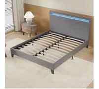 Lit Double avec sommier et tête de lit LED 160 x 200cm-Gris- Stable et Robuste- Pieds centraux de Renfort