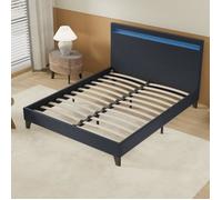 Lit 160x200cm simili cuir noir avec tête de lit LED, sommier lattes en bois Noir