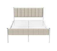 Lit Double avec Structure en Acier, 160 x 200 cm, Chambre, Tête de Lit Capitonnée, Montage Rapide, Beige