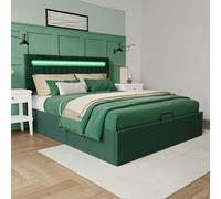 Lit double avec tête de lit LED, lit rembourré, lit double, lit queen size avec rangement, cadre de lit jeune avec tête de lit réglable et sommier à lattes, lit multifonctionnel, style européen et amé