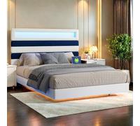 Lit double capitonné, 140 x 190 cm, avec éclairage LED, tête de lit réglable, avec USB, sommier à lattes, en velours, blanc cassé et bleu, sans matelas, à rayures, 140 x 190 cm