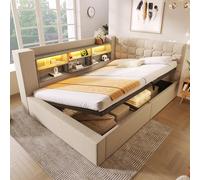 Lit double capitonné 140 x 200 cm avec LED, espace de rangement hydraulique, tête de lit en forme de L avec espace de rangement, montage des deux côtés, sommier à lattes, tissu en lin, beige (sans