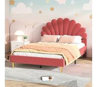 Lit double capitonné 140 x 200 cm,lit fille, enfant 140 x 200 cm avec sommier à lattes,cadre de lit avec tête de lit en forme de fleur,Lits 2 Personne pour Fille Adolescent,Velours，sans matelas Rouge