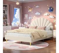 Lit double capitonné 140 x 200 cm,lit fille, enfant 140 x 200 cm avec sommier à lattes,cadre de lit avec tête de lit en forme de fleur,Lits 2 Personne pour Fille Adolescent,Velours，sans matelas Beige