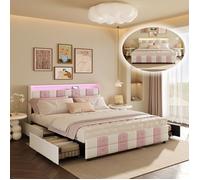 Lit Double Capitonné 140x190 cm, Lit 140x190 avec LED, USB et 4 Tiroirs, pour Adulte, Ado, Sommier à Lattes, Velours, Rose Blanc
