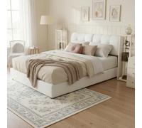 Lit double capitonné 140x200/160x200 cm avec rangement intégré, tête de lit et sommier à lattes, blanc crème, pour adolescents et adultes, sans matelas Montage facile et rapide : Ce lit plateforme cap