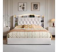 Lit double capitonné, 160 x 190 cm, avec coffre de lit, hydraulique, 160 x 190 cm, avec LED et station de charge, avec espace de rangement, tête de lit, cadre de lit pour adolescent, avec sommier à