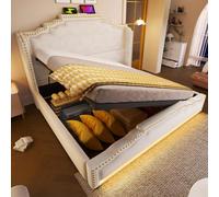 Lit double capitonné, 160 x 200 cm, espace de rangement hydraulique, avec port de charge LED et USB C, lit fonctionnel, avec sommier à lattes, velours, beige, avec matelas