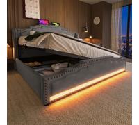 Lit double capitonné, 160 x 200 cm, espace de rangement hydraulique, avec port de charge LED et USB C, lit fonctionnel, avec sommier à lattes, velours, gris, sans matelas
