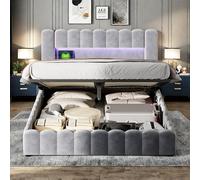 Lit double capitonné, 180 x 200 cm, avec coffre de lit, tête de lit LED, fonction de charge USB, cadre de lit avec espace de rangement et sommier à lattes, lit fonctionnel, en lin, gris, sans matelas