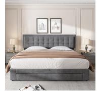 Lit Double Capitonné 180 X 200 cm - Coffre et Tiroirs - Sommier À Lattes - Grand Rangement - Velours - Gris