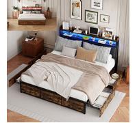 Lit Double Capitonné 180 x 200cm avec LED, Lit Coffre 180x200 cm avec rangement et sommier à lattes, Lit adulte 2 Personnes,