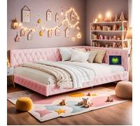 Lit Double Capitonné - AMBIANCE - 140x200cm - Éclairage LED et Ports USB & Type-C - Cadre de lit en Peluche Teddy