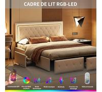 Lit Double Capitonné - AMBIANCE - 160 x 200 cm - Éclairage LED - avec 4 Tiroirs - avec Tête de Lit hauteur réglable