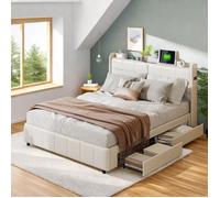 Lit double capitonné en cuir avec 4 tiroirs et sommier à lattes - 160x200cm - Lit Adulte avec LED - Lit Coffre avec USB - PU, Blanc