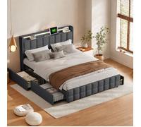Lit double capitonné - TANANT - 160x200 cm - Éclairage LED - 4 tiroirs - Tissu en lin gris