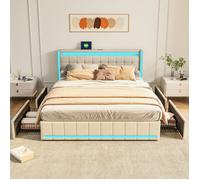 Lit double capitonné - TANANT - 160x200 cm - Tête de lit avec LED - 4 tiroirs de rangement - Lin Beige