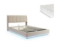 Lit double capitonné Tröstiar avec éclairage LED et matelas 140 x 200 cm beige