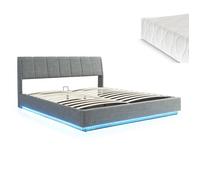 Lit double capitonné Tröstiar avec éclairage LED et matelas 180 x 200 cm anthracite
