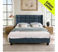 Lit Double Capitonnée 140 x 200 cm avec Haut Tête de Lit en Lin, Pieds de Support renforcés - Sommier à Lattes, Bois Massif