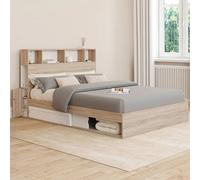 IDMarket - Lit double Clem 140 x 190 cm avec rangements, tête de lit et sommier hêtre et blanc