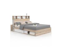IDMarket - Lit double Clem 140 x 190 cm avec rangements, tête de lit et sommier hêtre et blanc