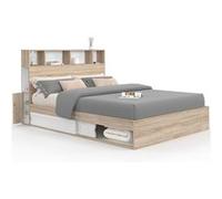 IDMarket - Lit double Clem 140 x 190 cm avec rangements, tête de lit et sommier hêtre et blanc
