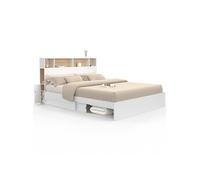IDMarket Lit double CLEM avec rangements, tête de lit et sommier 160 x 200 cm blanc et hêtre