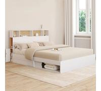 Lit double CLEM avec rangements + tête de lit et sommier 160 x 200 cm blanc et hêtre