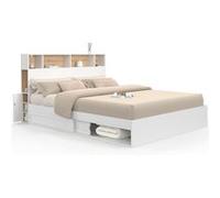 IDMarket Lit double CLEM avec rangements, tête de lit et sommier 160 x 200 cm blanc et hêtre