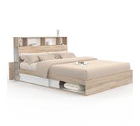 Lit double CLEM avec rangements + tête de lit et sommier 160 x 200 cm hêtre et blanc