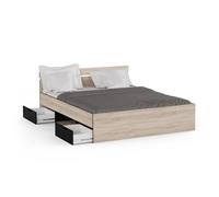 Lit double - DEMEYERE - MICHIGAN - 160 x 200 cm - Chêne brossé et noir - 2 tiroirs et 1 niche