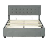Lit double design industriel - tête de lit, pied de lit et sommier - dim. 145l x 203,5P x 95-104H cm - compatible matelas 140 x 200 cm - tissu 100% polyester, rembourrage mousse, bois d'eucalyptus, panneau multicouche Gris