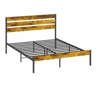 HOMCOM Cadre de lit Double 160 x 200 cm lit 2 Personnes Industriel avec Rangement, sommier, tête et Pied - en Bois et Acier, Aspect Bois foncé et Noir