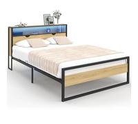 Lit double DETROIT LED intégrés dans la tête de lit et sommier 140 x 190 cm effet bois et métal noir design industriel