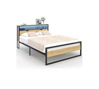 IDMarket - Lit Double Detroit LED intégrés dans la tête de lit et sommier 140 x 190 cm Effet Bois et métal Noir Design Industriel