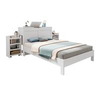 Lit Double en Bois 140 * 200, avec 2 Tables De Chevet Gigognes, Espace De Rangement en Tête De Lit, Convient Aux Adultes Et Adolescents, Montage Facile, Blanc