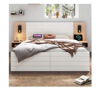 Lit Double en Bois 160×200 cm avec 2 Tiroirs, Cadre de Lit Adulte avec 2 Tables de Chevet, Lit Double Led et Usb, ChêNe + Blanc